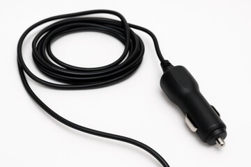 Extended cable cigarette lighter adapter for vehicles on a white backdrop