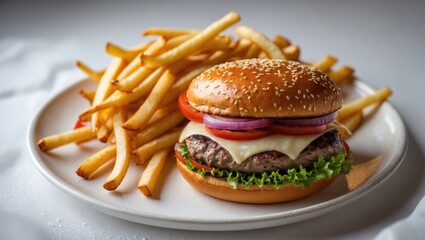 Delicious cheeseburger accompanied by golden French fries on a simple white plate