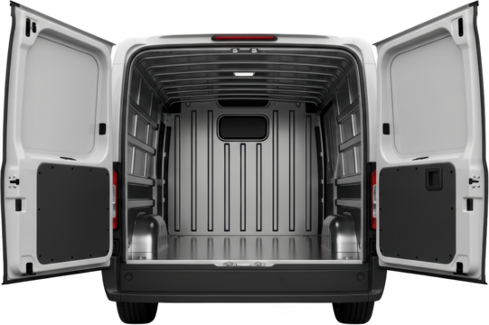 Rear view of an empty cargo van with open rear and side doors interior cargo space Truck Vehicle Transport transparent background