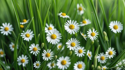Fototapeta premium Detailed view of chamomile and grass textures with blooming daisies against a lively green background, highlighting fresh white and green colors.