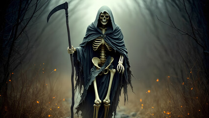 death in a tattered cloak with a scythe in his hand walks through the autumn forest, symbolizing the collector of souls.