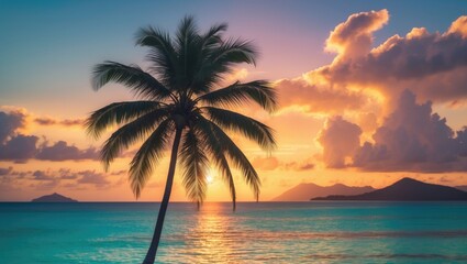 Obraz premium Vivid sunset illuminating a lone palm against the ocean horizon, tropical retreat
