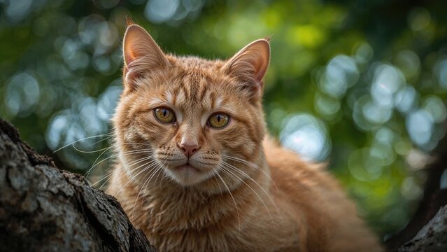 Tawny cat staring from a natural tree platform - Powered by Adobe