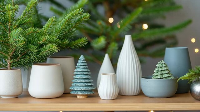 Festive plant arrangement with ceramic trees and modern vases