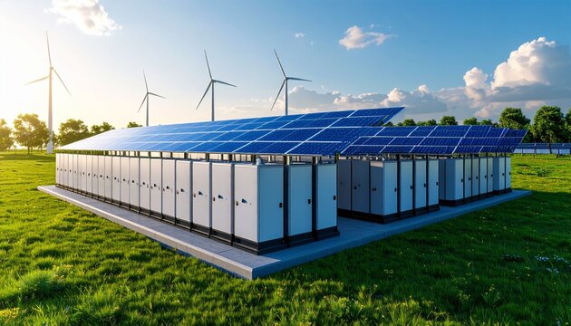 Sustainable Energy Solar Panels and Battery Storage with Wind Turbines for Clean Power