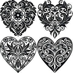 Four intricate black and white decorative heart designs showcasing detailed floral and swirling ornamental patterns