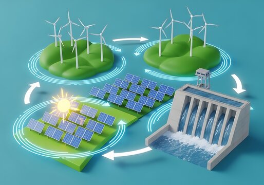 Renewable energy sources cycle solar panels, wind turbines, and hydroelectric dam generating clean electricity for a sustainable future