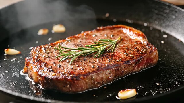 Sizzling juicy steak with garlic and rosemary in cast iron skillet aromas