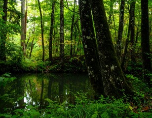 Obraz premium Lush forest reflections on a still stream