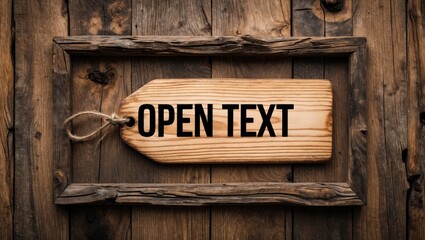 Old wood wall featuring a rustic wooden tag with open text