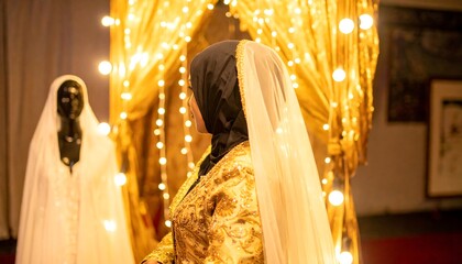 A woman in traditional attire, a backdrop of gold lights and white fabric
