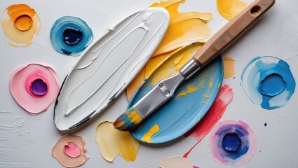 Oil painting tools: palette and palette knife isolated on white
