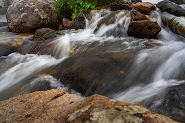 Pristine mountain stream cascading over rocks in lush landscape