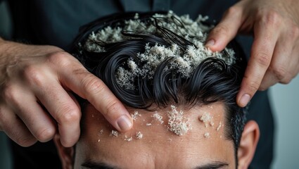 Naklejka premium Close-up of hair and scalp problems in a dark-haired individual, dandruff solution