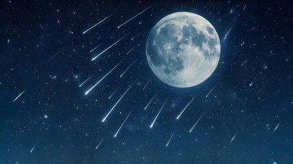 Sturgeon moon with Perseids meteor shower in starry night sky