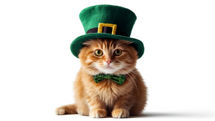 Cute fat ginger kitten in green leprechaun hat and bow sitting isolated on white background.