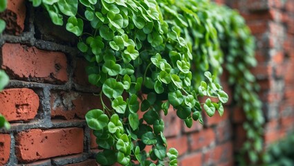 Lush green ivy cascading down weathered red brick wall in sunlight