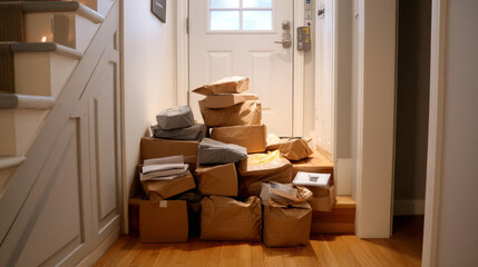A food delivery pile-up at an apartment door. Symbol of a major environmental problem caused by urban overconsumption waste. Abstract image.