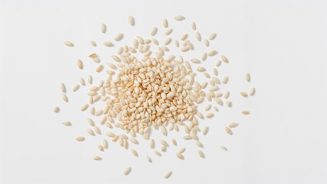 Top-down view of whole organic sesame seeds on a white surface