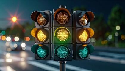 Vibrant green traffic signal illuminating a busy urban intersection at dusk, symbolizing safe passage and efficient city flow with blurred vehicle lights in the background