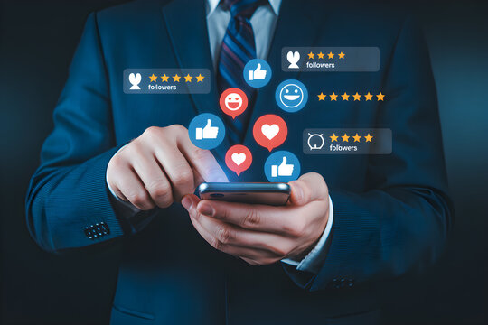 Businessman Analyzing Social Media Feedback and Follower Metrics on Phone