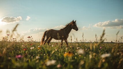 Shape of a young foal standing in a warm grassy plain under a bright blue sky dotted with clouds