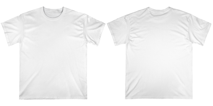 White t-shirt mockup set showing front and back views on a transparent background. Perfect for apparel design presentations, branding, and product listings.