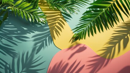 Colorful background featuring shadowed tropical green leaves viewed from above with blank space for additional content