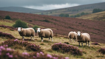 Obraz premium Flock of sheep roaming across a heather moor under a gray sky