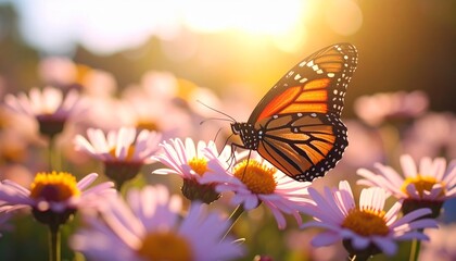 Monarch Butterfly in Sunlight A Beautiful Summer Scene on a Field of Pink Flowers