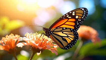 A monarch butterfly with vibrant orange and black wings delicately perches on a bright zinnia flower, bathed in soft golden sunlight, highlighting the serene beauty of nature