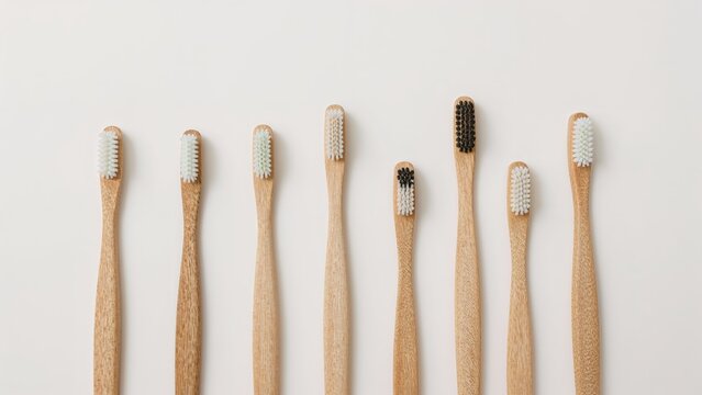 Variety of toothbrushes placed on a plain white base