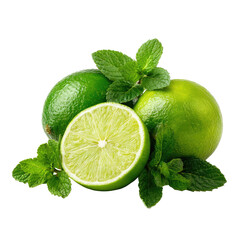 Two whole limes and a lime half, surrounded by fresh mint leaves