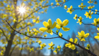 Obraz premium Sunlit bright yellow tiny flowers blooming on a tree branch with a clear blue sky in the background, early spring macro shot