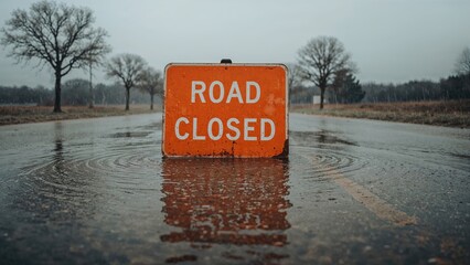 Warning sign for road closure from heavy rains leading to a flooded area, with a prominent puddle in view.