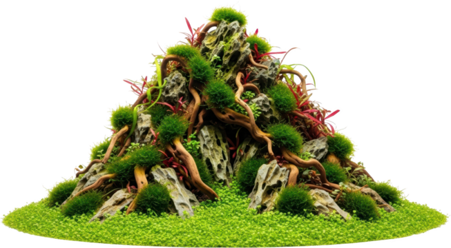 Intricate aquascape mountain featuring moss covered rocks driftwood and aquatic plants on a green carpet isolated transparent background