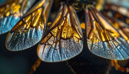 The ethereal glow of a bee's wings, a mesmerizing macro shot revealing intricate golden veins and iridescent blue hues