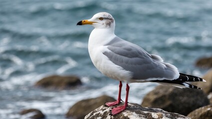 Fototapeta premium A seabird resting on rocky terrain