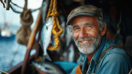 male fisherman showing caught fish on fishing boat at sea, smiling man on ship, seafood, angler, sailor in ocean