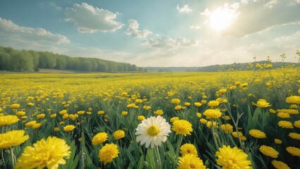 Fototapeta premium Wide-open grassy area filled with sunny yellow blooms