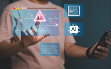 AI data icons concepts of cybersecurity ,man using smartphone touching virtual screen with system warning alerts, digital technology system error, artificial intelligence information protection