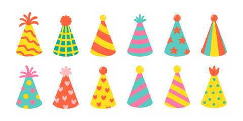 Collection of vibrant birthday party cone hats in playful designs with stars, stripes and dots, creative clipart set for holiday invitations, celebration decor and cheerful event graphics