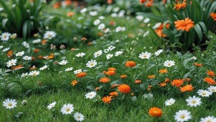 A vibrant garden with a carpet of small flowers covering the verdant lawn