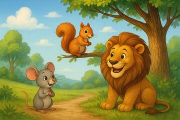 In a festive setting, a mouse and a lion are featured with a squirrel in the corner