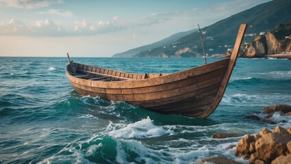 A handcrafted wooden fishing boat resting in a seaside village harbor