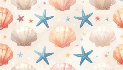 Beautiful Seashells and Starfish Seamless Pattern for Summer Designs and Backgrounds