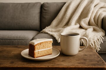 Comfort essentials arranged on a couch: treat, drink, and blanket