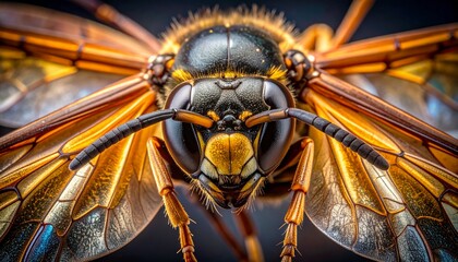 Conceptual close-up of a fearsome wasp's head showing detailed eyes, antennae, and amber wings