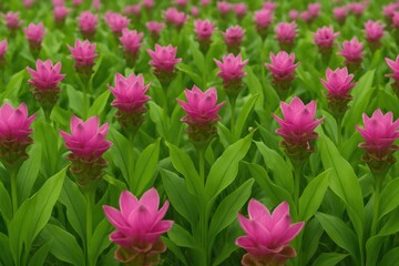 Fototapeta premium A colorful display of Curcuma flowers from Asia in a garden setting