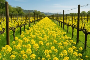 Vineyard landscape dotted with blooming mustard flowers